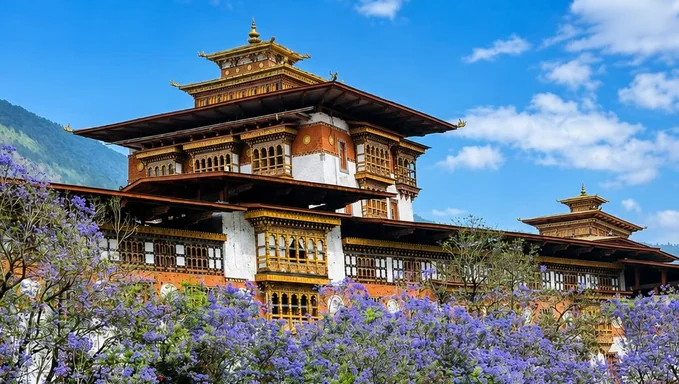 Punakha Dzong above the Mo Chhu in jacaranda season